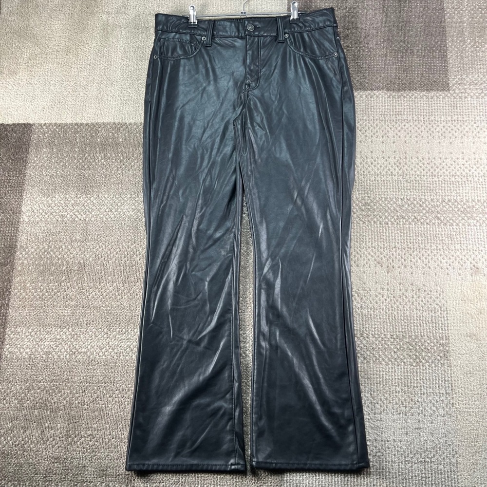 American Eagle Women Black Faux Leather Stretch Flare Pants Size 10 Short